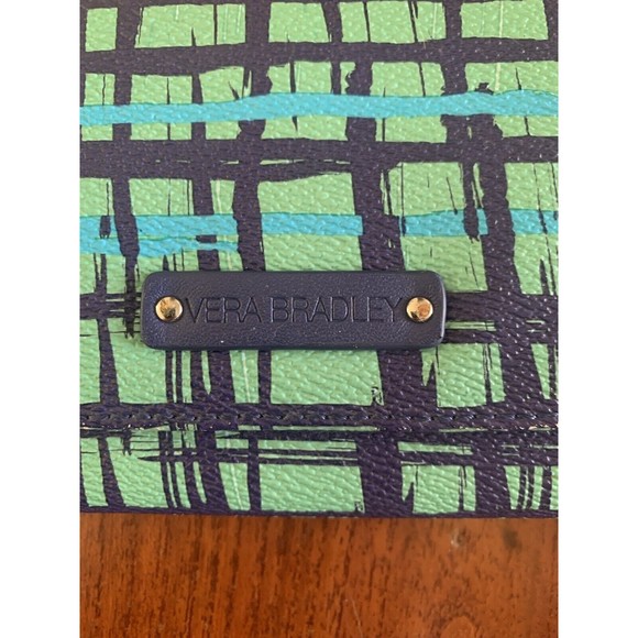 Vera Bradley Large Trifold Wallet Teal/Navy Blue Art Plaid Organizer Clutch - Picture 2 of 10